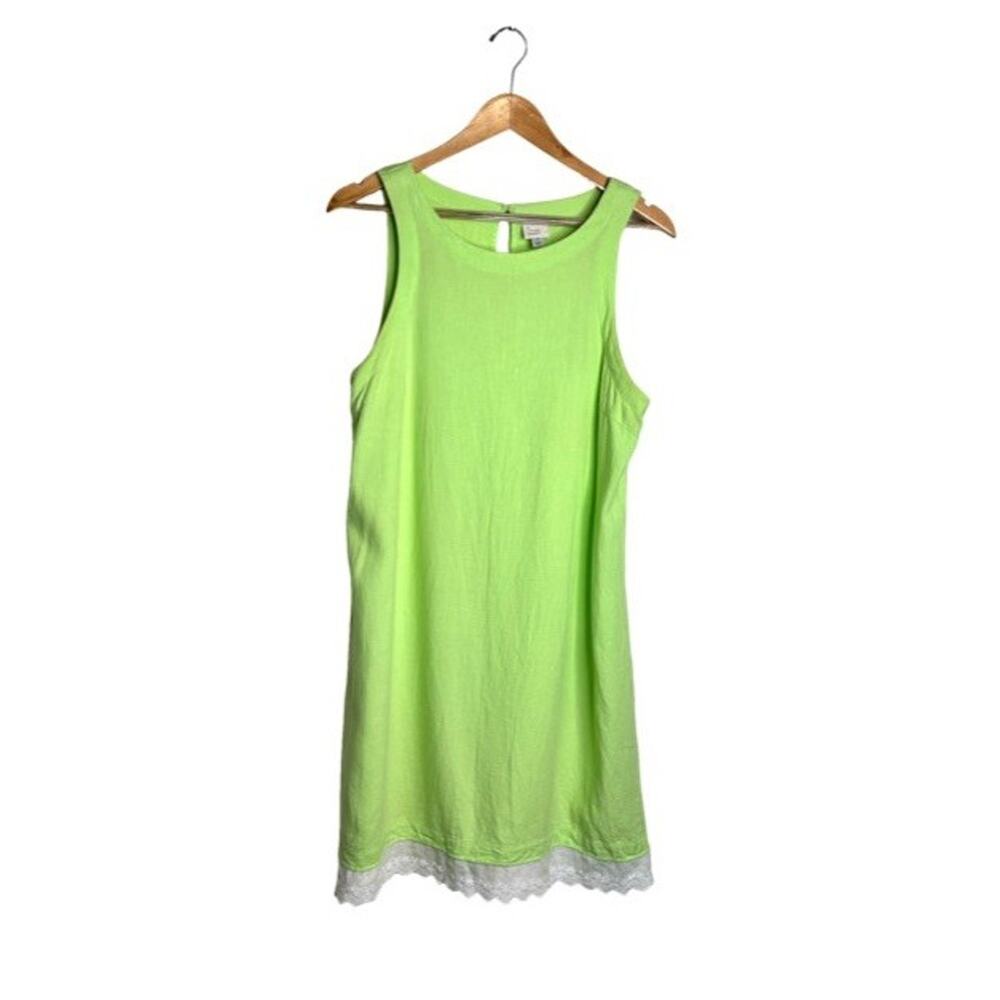 A New Day Dress Linen Blend Neon Green Lace Trim Size Medium Sleeveless Summer